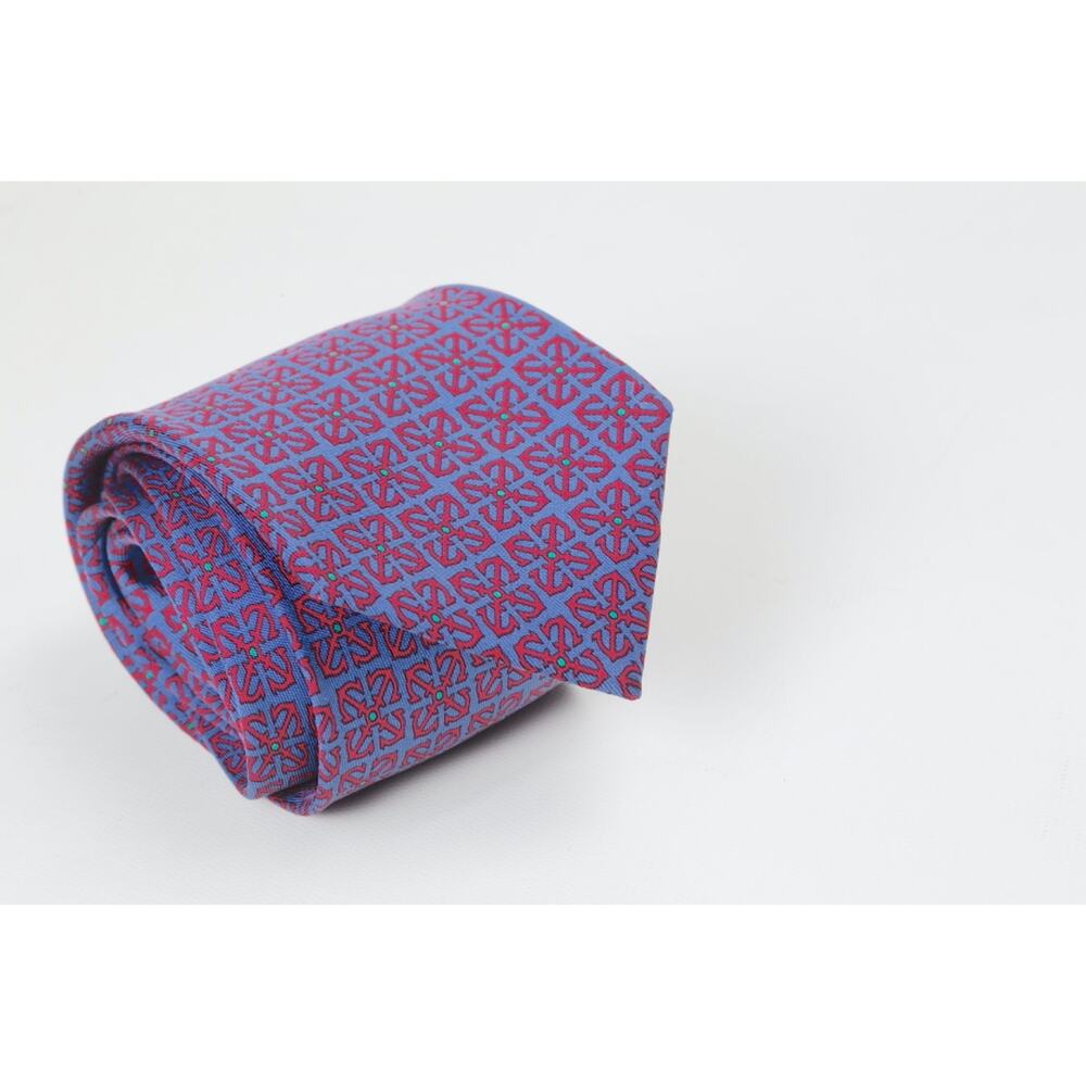 Hermes Tie Blue Silk Twill Chain Link Pattern Geometric Made in France - Picture 6 of 16